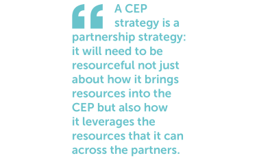 Quote from resource: 'A CEP strategy is a partnership strategy: it will need to be resourceful not just about how it brings resources into the CEP but also how it leverages the resources that it can across the partners'