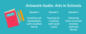 Artswork Audio: Arts in Schools: Episode 1: Creativity and Sustainability (with Jonathan Harris); Episode 2: Teaching for Creativity (with Sarah Lewis); Episode 3: Delivering Extra-Curricular Activities (with Sam Martin)