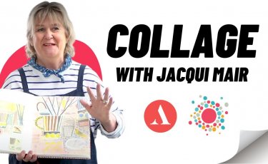 Jacqui Mair, a mille aged woman with short hair and a box fringe, standing on the left with text on the right reading 'Collage with Jacqui Mair'